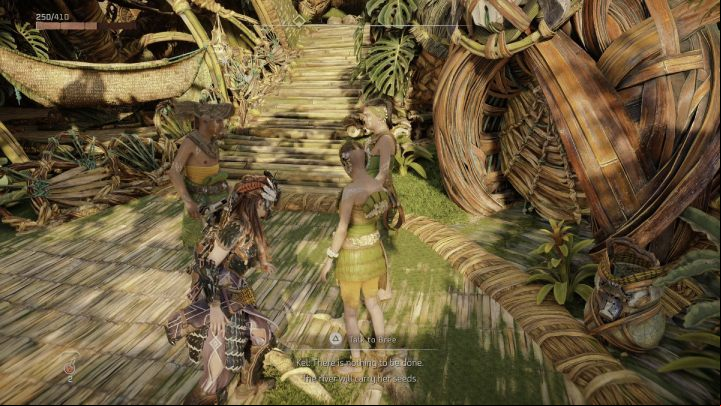 Talk to the group of people by the stairs in the Plainsong settlement, near the outfit merchant - Horizon Forbidden West: The Promontory - walkthrough - Side quests - Horizon Forbidden West Guide