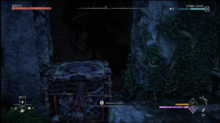 On the top floor you need to grab the crate and drop it onto the elevator - this will make it go up when the elevator starts - Horizon Forbidden West: The Bill - how to get it? - Ornaments - Horizon Forbidden West Guide