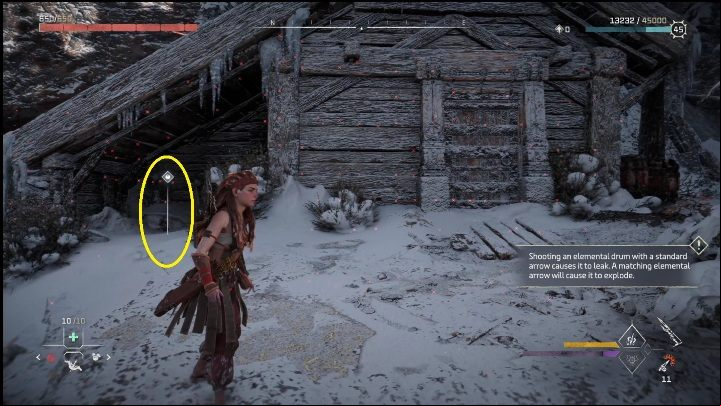 The totem is hidden under the roof of a wooden hut - Horizon Forbidden West: War Totems - list of all - Secrets & Collectibles - Horizon Forbidden West Guide