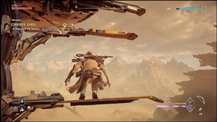 Even if you don't land on the top, you can grab onto the yellow elements behind its head - Horizon Forbidden West: Tallneck (Cinnabar Sands) - location - Cinnabar Sands - Horizon Forbidden West Guide
