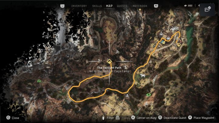 Head to the camp via the road southwest of Chainscrape - Horizon Forbidden West: The Twilight Path - walkthrough - Side quests - Horizon Forbidden West Guide