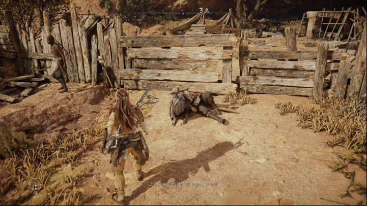 Onec you eliminate the threat, approach the wooden barrier and talk to the refugee - Horizon Forbidden West: The Twilight Path - walkthrough - Side quests - Horizon Forbidden West Guide