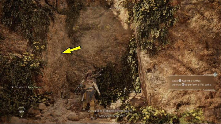 Scan your surroundings and jump up when standing by the wall to the left, then quickly press X again to wall jump and reach the beam - Horizon Forbidden West: The Twilight Path - walkthrough - Side quests - Horizon Forbidden West Guide