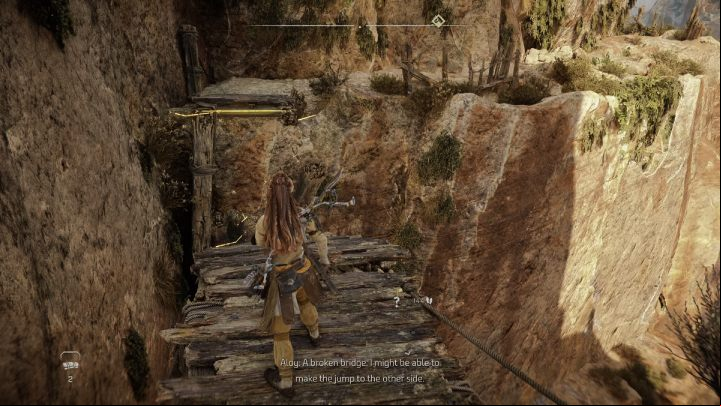 Make a running jump over the broken bridge and move along the rock wall - Horizon Forbidden West: The Twilight Path - walkthrough - Side quests - Horizon Forbidden West Guide