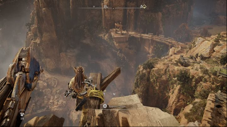 Use the hook to slide down and return to the broken bridge - Horizon Forbidden West: The Twilight Path - walkthrough - Side quests - Horizon Forbidden West Guide
