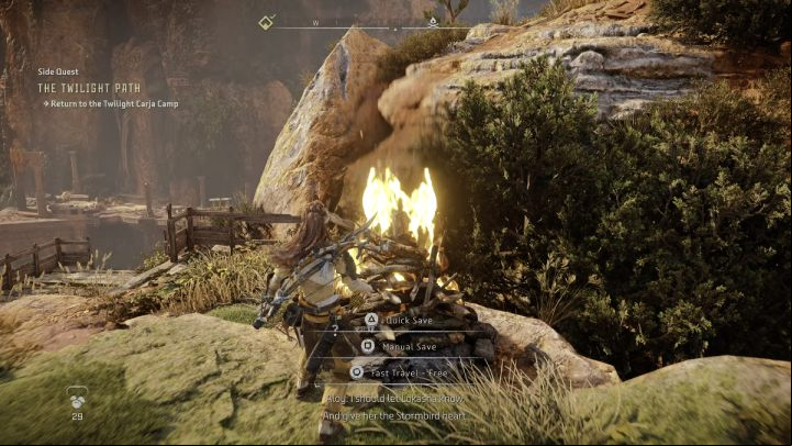 Follow the road down or use the campfire for some free fast travel to the camp - Horizon Forbidden West: The Twilight Path - walkthrough - Side quests - Horizon Forbidden West Guide