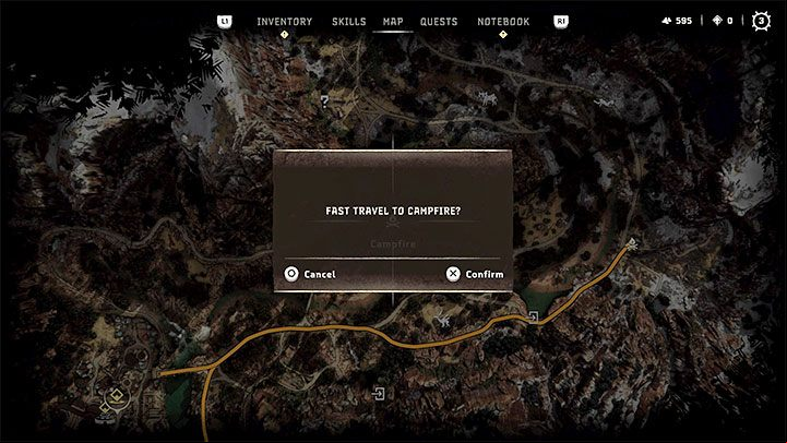 Fast travel is free - interact with a campfire and press the Circle - Horizon Forbidden West: How to use fast travel? - Exploration - Horizon Forbidden West Guide