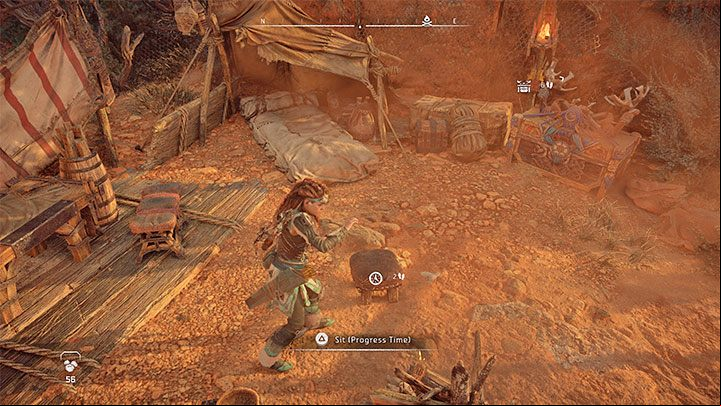 After reaching a shelter ignore the campfire and interact with the stool Aloy can sit on - Horizon Forbidden West: How to change time of day? - World and game information - Horizon Forbidden West Guide