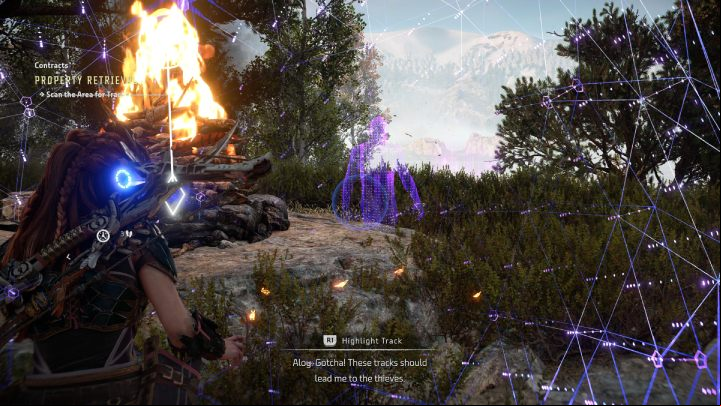 When you get to the designated place, activate Focus and mark the footprints found by the campfire - Horizon Forbidden West: Greenswell - list of all contracts - Salvage Contracts - Horizon Forbidden West Guide