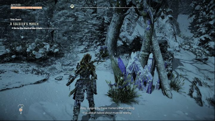 Head west from the Bulwark to the start of the climbing path - Horizon Forbidden West: A Soldiers March - walkthrough - Side quests - Horizon Forbidden West Guide