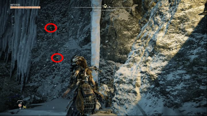 Approach the ice wall, scan the area and find the climbing path - Horizon Forbidden West: A Soldiers March - walkthrough - Side quests - Horizon Forbidden West Guide