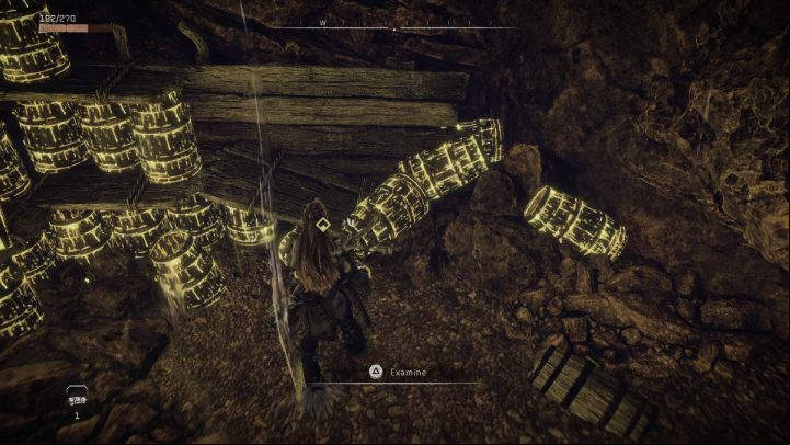 Examine the note lying on one of the barrels and leave the mine - Horizon Forbidden West: The Bristlebacks - walkthrough - Side quests - Horizon Forbidden West Guide