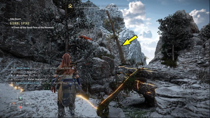Walk over the fallen log to the adjacent rock and knock over the tree - Horizon Forbidden West: Signal Spike - walkthrough - Side quests - Horizon Forbidden West Guide