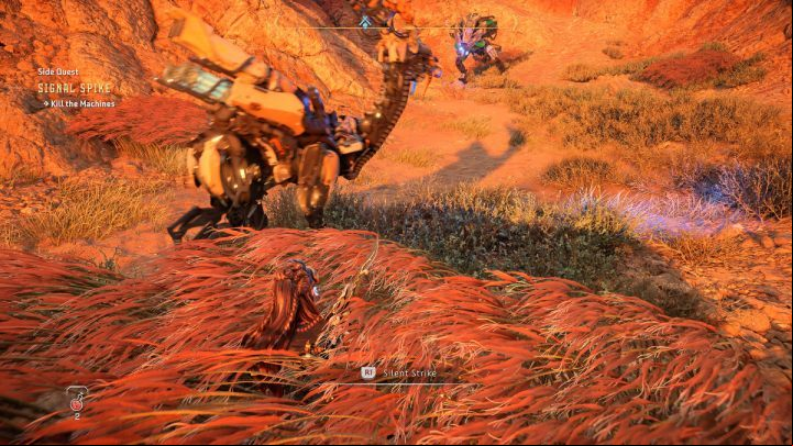 Hide in the grass and wait for the Ravager and the Bellowback to move away to a safe distance, and kill the Lancehorn first - Horizon Forbidden West: Signal Spike - walkthrough - Side quests - Horizon Forbidden West Guide