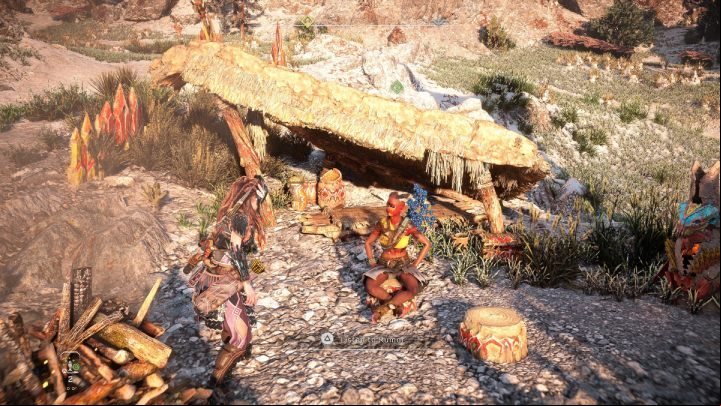 Listen to gossip from a woman at the campfire near the Base - Horizon Forbidden West: Breaking Even - walkthrough - Side quests - Horizon Forbidden West Guide