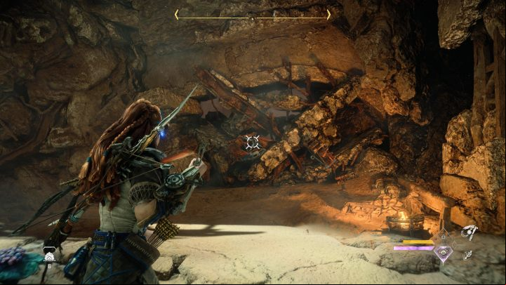 Walk up to the collapsed age and pull out the blue elements with the pullcaster - Horizon Forbidden West: Breaking Even - walkthrough - Side quests - Horizon Forbidden West Guide