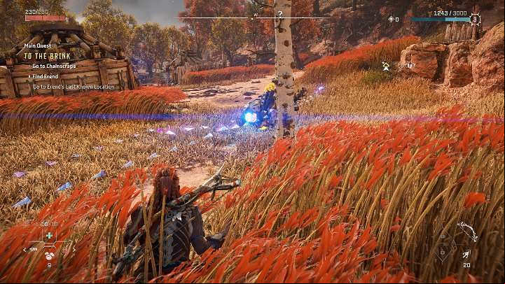 Aloy can easily mask her presence by hiding in tall red grass - this makes her undetectable to mechanical and human foes - Horizon Forbidden West: Combat and stealth - Basics - Horizon Forbidden West Guide