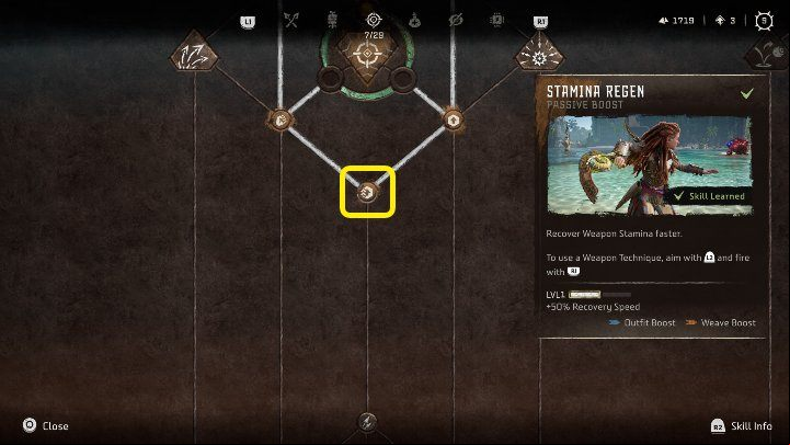 The Stamina Regen ive skill is incredibly useful, as it accelerates Weapon Stamina recovery by 50% - Horizon Forbidden West: How to recover Weapon Stamina? - Combat - Horizon Forbidden West Guide