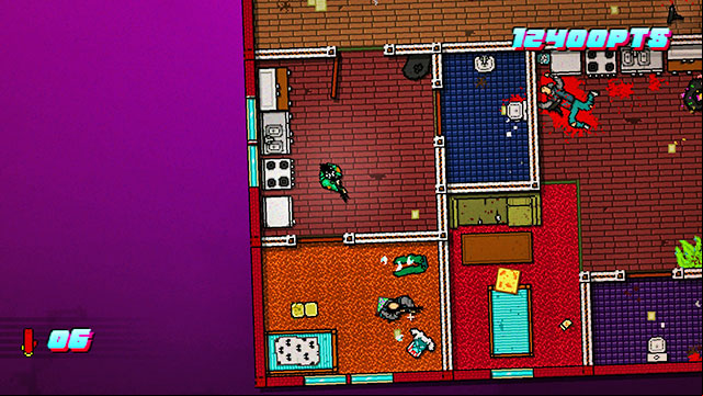 The last enemy is standing to the left of the stairs - Scene 6 - Moving Up - Act 2 - Rising - Hotline Miami 2: Wrong Number - Game Guide and Walkthrough