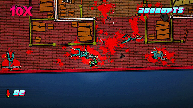 In the room, there are four opponents, who it is better to kill by shooting at a distance - Scene 6 - Moving Up - Act 2 - Rising - Hotline Miami 2: Wrong Number - Game Guide and Walkthrough