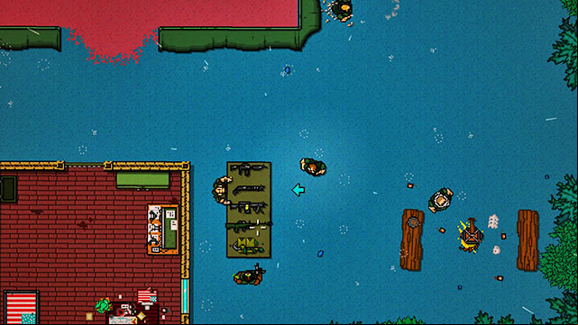 After you approach the building, go down - Scene 9 - Ambush - Act 3 - Climax - Hotline Miami 2: Wrong Number - Game Guide and Walkthrough