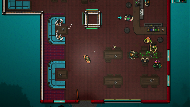 The only thing that you can do in the bar is talk to Biker, a character from the previous episode of the game - Scene 13 - Subway - Act 4 - Falling - Hotline Miami 2: Wrong Number - Game Guide and Walkthrough