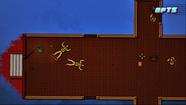 Thrown your weapon at the guard at the door, approach to him and finish him off - Scene 18 - Demolition - Act 5 - Intermission - Hotline Miami 2: Wrong Number - Game Guide and Walkthrough