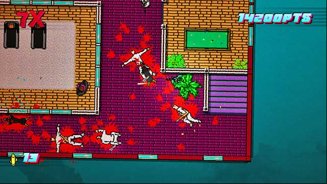 Across the windows, kill the two shooters in the room on the left - Scene 19 - House Call - Act 5 - Intermission - Hotline Miami 2: Wrong Number - Game Guide and Walkthrough