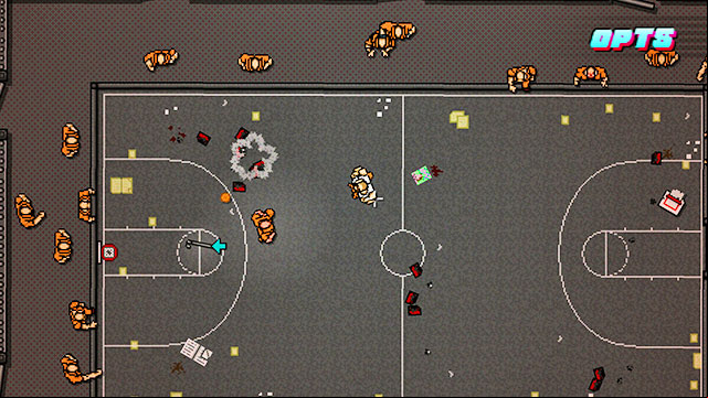 After you enter the map, go up immediately and kill the guards there - Scene 20 - Release - Act 5 - Intermission - Hotline Miami 2: Wrong Number - Game Guide and Walkthrough