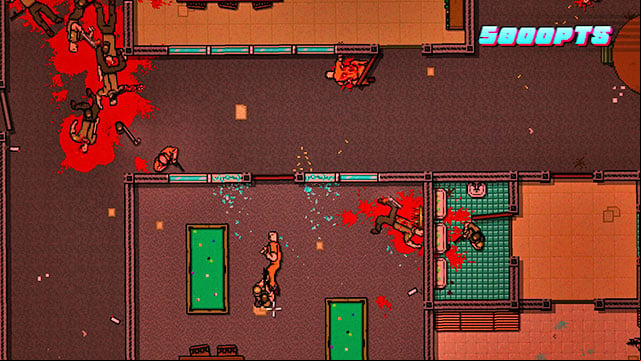 Shoot the guards on the right side of the map, by taking to your advantage the fact that you are invisible to them, over longer distances - Scene 20 - Release - Act 5 - Intermission - Hotline Miami 2: Wrong Number - Game Guide and Walkthrough