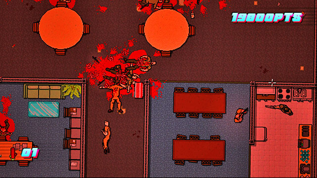 The last group of the guards is above on the right - Scene 20 - Release - Act 5 - Intermission - Hotline Miami 2: Wrong Number - Game Guide and Walkthrough