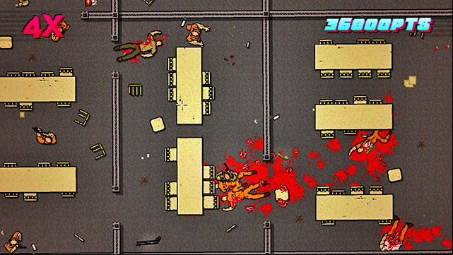 On the left, there are two more rooms patrolled by shooters and people with melee weapons - Scene 20 - Release - Act 5 - Intermission - Hotline Miami 2: Wrong Number - Game Guide and Walkthrough