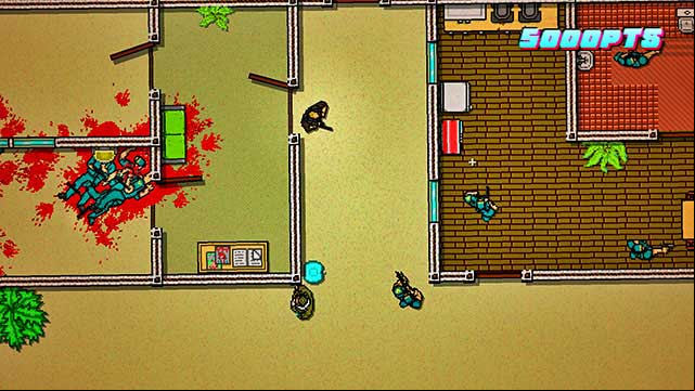 Stand in the corridor and shoot the guard in the right room, across the window - Scene 23 - Caught - Act 6 - Catastrophe - Hotline Miami 2: Wrong Number - Game Guide and Walkthrough