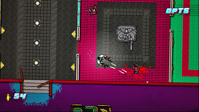 If you started with the beefcake, go up and deal with the shooter and the guards - Scene 24 - Take Over - Act 6 - Catastrophe - Hotline Miami 2: Wrong Number - Game Guide and Walkthrough