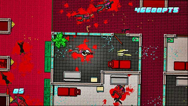 There are more guards in the upper-right side of the map - Scene 24 - Take Over - Act 6 - Catastrophe - Hotline Miami 2: Wrong Number - Game Guide and Walkthrough