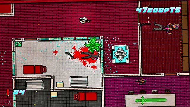 You find the last guard in the room above the stairs, on the right - Scene 24 - Take Over - Act 6 - Catastrophe - Hotline Miami 2: Wrong Number - Game Guide and Walkthrough
