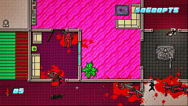 After you clear the map, climb up the stairs and approach the desk of the enemy boss - Scene 24 - Take Over - Act 6 - Catastrophe - Hotline Miami 2: Wrong Number - Game Guide and Walkthrough