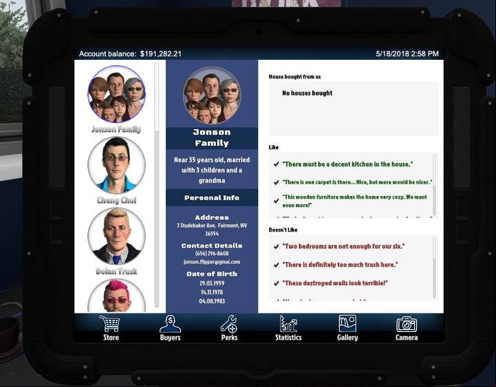 The Buyers tab shows the hidden characteristics of each one of potential buyers. - General information about investments in House Flipper Game - Free mode - House Flipper Game Guide