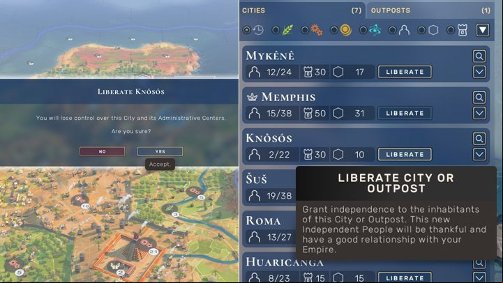 The liberation option is available in the city menu on the right - Humankind: Expansion - connecting, liberating, destroying cities - Cities - Humankind Guide