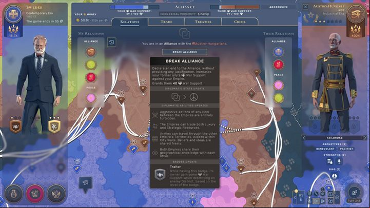 Breaking the alliance will allow you to declare war, but it makes you a "traitor" in the eyes of other countries. - Humankind: Diplomacy - Growth and expansion - Humankind Guide