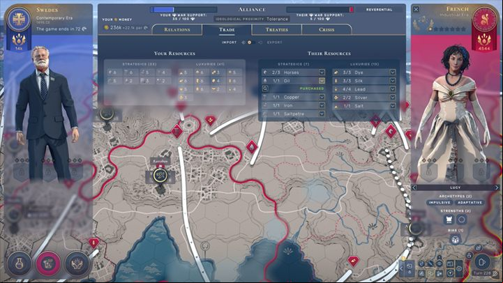 Strategic resources, especially those of the later stages of the playthrough, are difficult to obtain. Fortunately, they can be traded as long as the other country has the capacity to use them. During the trade, you get a copy of such a resource, and the opponent can still use it. - Humankind: Strategic Resources - Growth and expansion - Humankind Guide