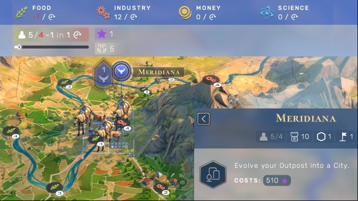 The area around this outpost is a promising location for a new town, even though it requires a lot of Influence. - Humankind: Outposts - claiming territory, available actions - Basis - Humankind Guide