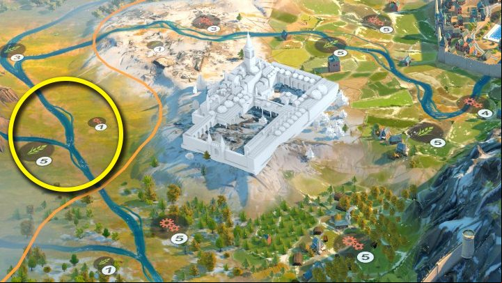 This Cultural Wonder will collect all the resources from the surrounding river fields. Only the field on the left (yellow border) will not be processed because it is located in a territory belonging to another city. - Humankind: Basic resources (FIMS) - Cities - Humankind Guide