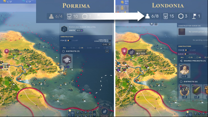 The Porrima outpost has 6 population points. After advancing to the city level, the name changed, but the population didn't and Londonia still has 6 inhabitants. - Humankind: Beginners Guide - first turns - Basis - Humankind Guide