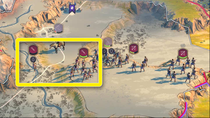 Two infantry units are blocking a narrow age so archers can safely attack enemies from higher ground - proper unit positioning is often the key to victory. - Humankind: Units - movement and combat - Basis - Humankind Guide
