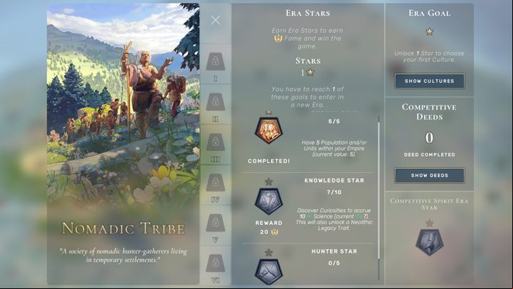 You will need to earn one of the 3 Era Stars to advance to the Ancient Era: In the Neolithic Era, there aren't many development options to choose from - Humankind: The Ancient Era - how to advance? - Basis - Humankind Guide