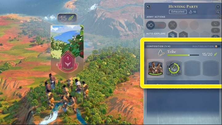 This group has just gained 15 food points, and it needs 5 more food points for the next tribe to spawn. - Humankind: Units - how to increase your army? - Basis - Humankind Guide