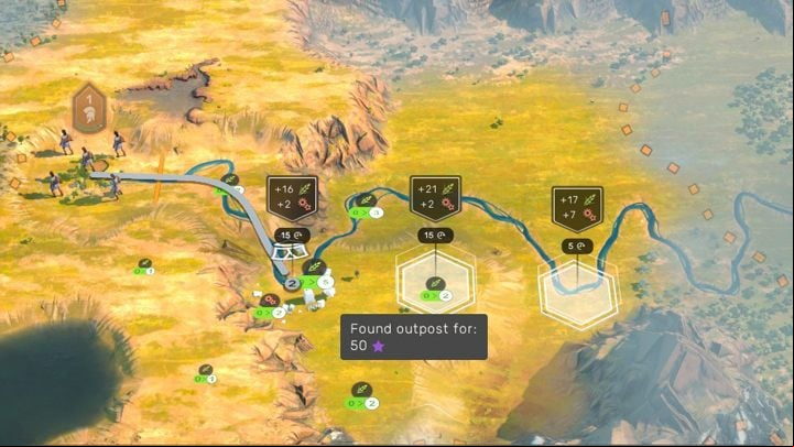 The Outpost location with an extremely high rate of food (21) is very tempting, but only 2 to the industry points means that the Outpost will be constructed very slowly. Better to choose locations with 17 food and 7 industry. This location of the outpost offers more opportunities for development. - Humankind: Cities - How to build them and where? - Basis - Humankind Guide