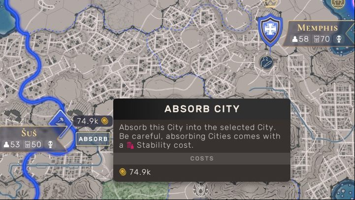 Connecting two cities is a big cost. However, there is a lot of money in the treasury, and I have an active special rule, thanks to which I do not have to use influence points. After the merger of cities, be sure to check the stability, because usually this indicator will fall. - Humankind: Territory - how to connect with the city? - Basis - Humankind Guide
