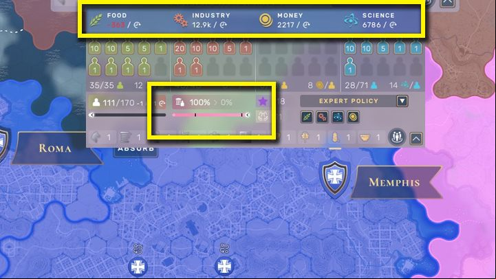 After the merger of two large cities, Memphis has a huge revenue of science and production. On the other hand, such a large population requires more food and the city will lose 1 inhabitant per turn. Also, the stability will fall to 0% in the next few rounds. - Humankind: Territory - how to connect with the city? - Basis - Humankind Guide